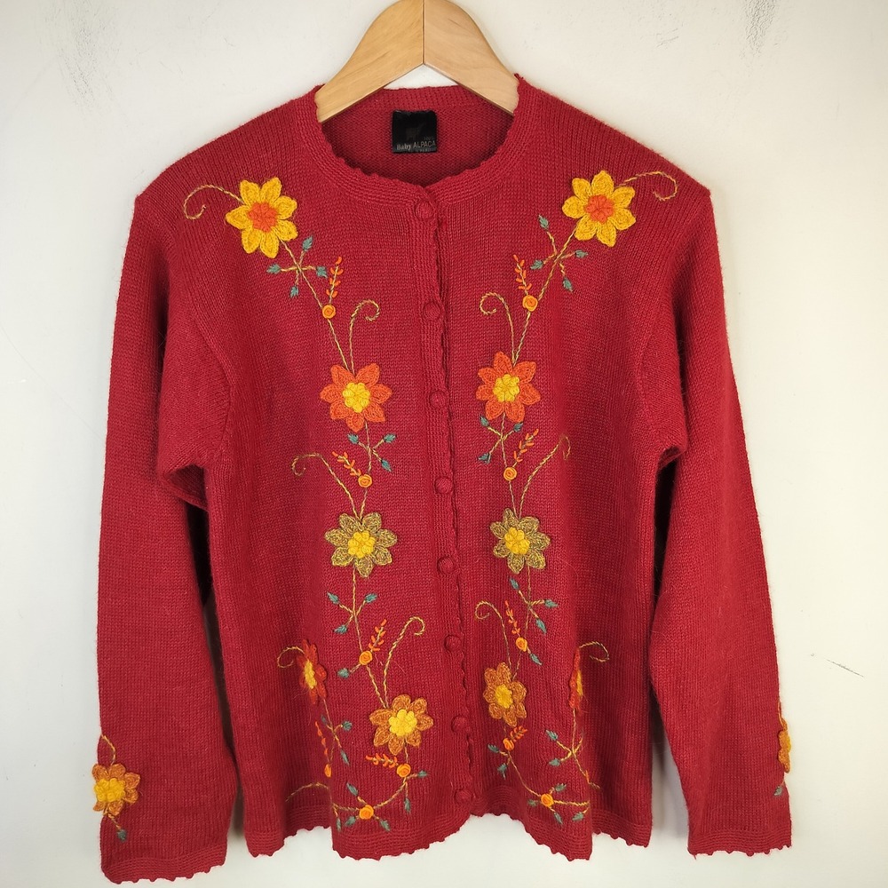 Women's Baby Alpaca Cardigan Sweater Medium Floral Embroidered Cottagecore Red
